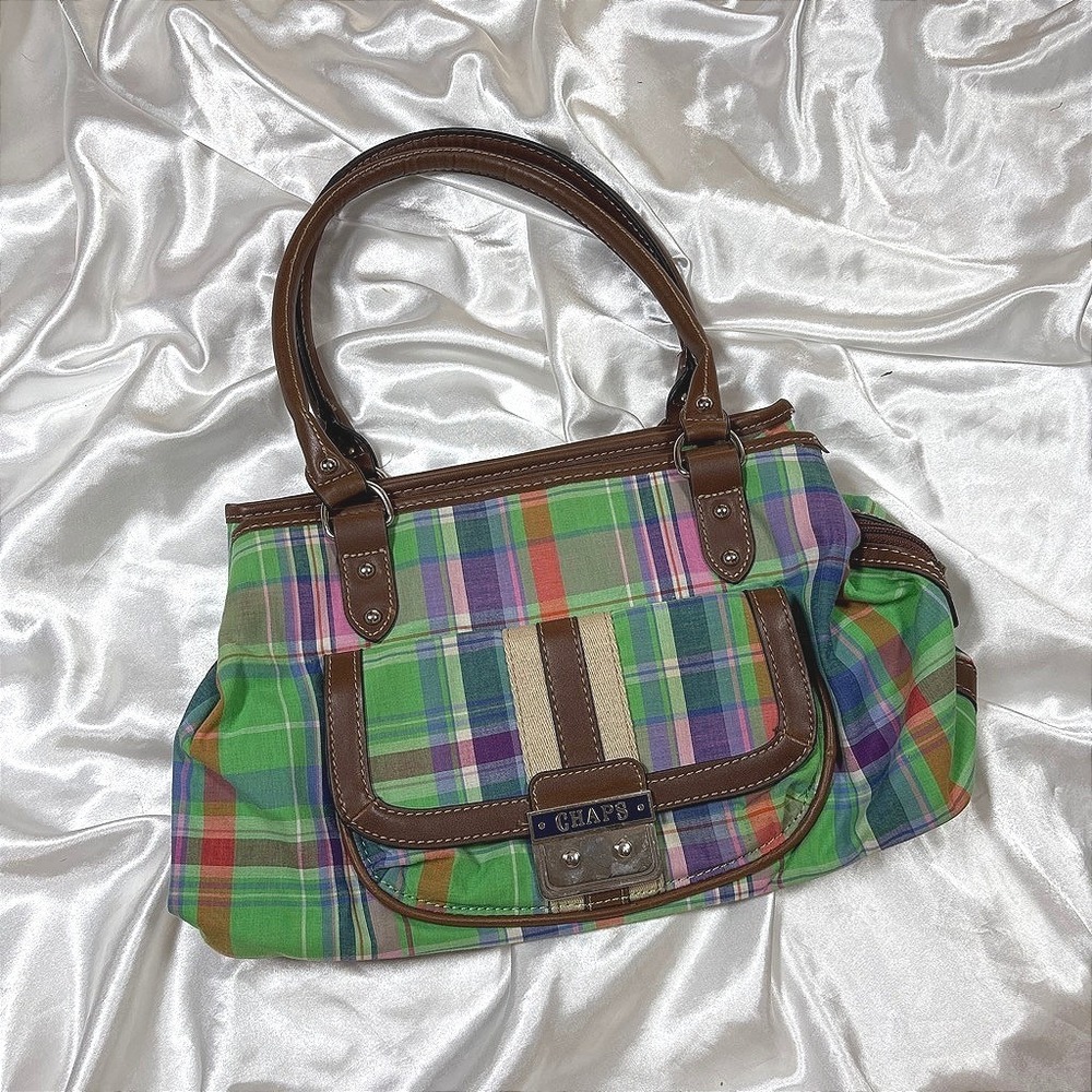 y2k Chaps Handbag Green Plaid Excellent Canvas Satchel Brown Trim Shoulder Bag
